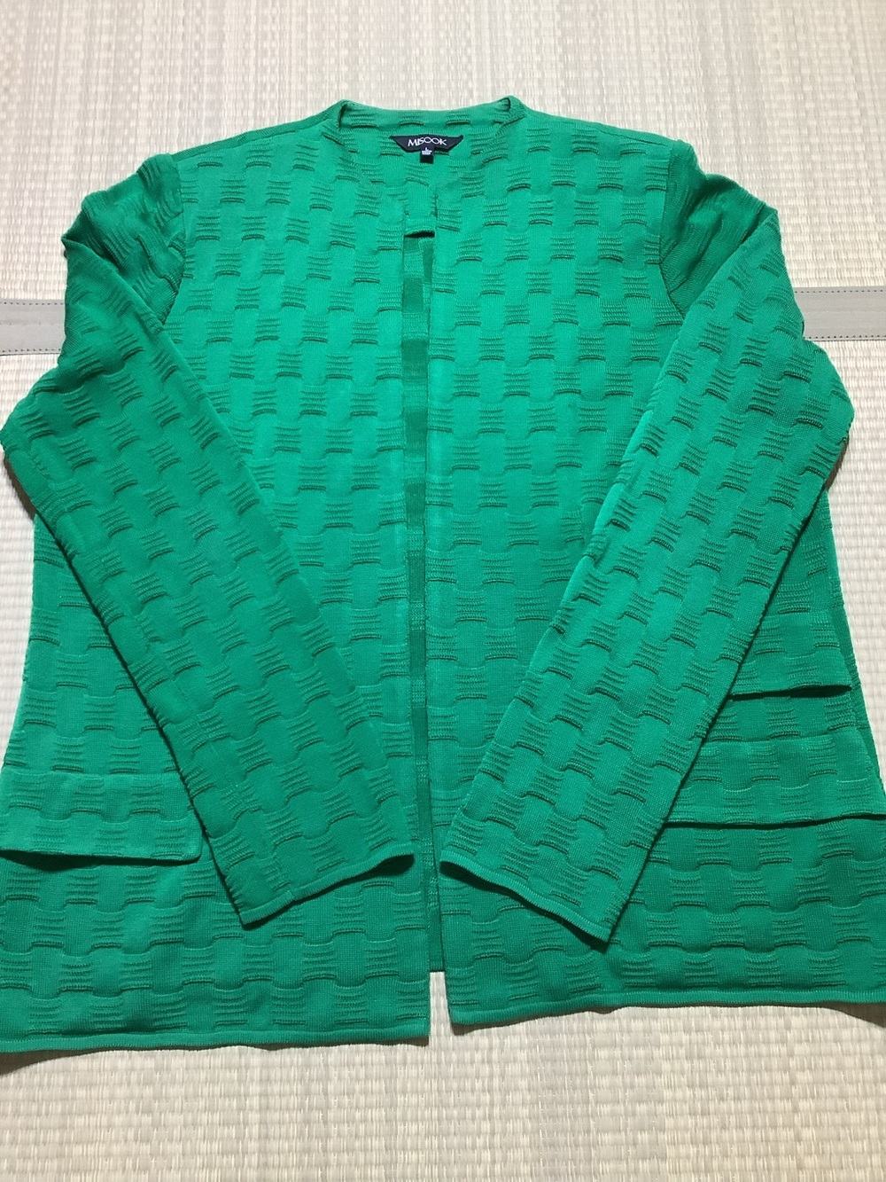 Misook Blazer Jacket Open Front Basketweave Emerald Green Textured Lily Knit Lrg